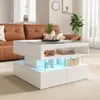 A modern living room with a brown leather sofa and a white coffee table with LED lighting. Produktbild-Vorschau