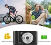 Collage showing a person cycling, a family with a dog, and a digital camera with feature callouts. Náhled obrázku produktu