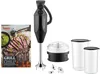 A collage of a Bamix immersion blender, its accessories, and a cookbook cover. Náhľad obrázku produktu