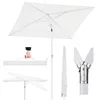 A collage of images showing a white rectangular patio umbrella in various states and components, including a hand holding a storage bag for the umbrella. Produktbild-Vorschau
