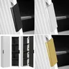 A collage of images showing different views and color options of a bathroom cabinet with a mirror and double sink. Produktbild-Vorschau