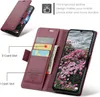 A red leather wallet-style phone case is shown open, displaying card slots and a phone screen with a floral wallpaper. Produktbild-Vorschau