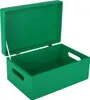 An open green wooden storage box with handles and a lid, shown against a white background. Produktbild-Vorschau