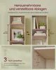 Two shelves of a bookshelf are shown, with measurements and feature callouts. A close-up of a shelf attachment is also shown. Produktbild-Vorschau