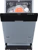 An open dishwasher with dishes inside, viewed from the front. Produktbild-Vorschau
