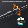 Close-up of an adjustable pole with a circular flame graphic around it, and a small inset showing a bottle on a shelf. Produktbild-Vorschau