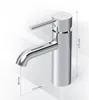 A chrome faucet with measurement lines indicating its dimensions. Produktbild-Vorschau