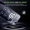 A screen protector is shown at an angle, with water ripples below it. Text overlays describe its features. Produktbild-Vorschau
