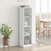 A white highboard with glass doors is shown in a room with a dining table and chairs in the background. Produktbild-Vorschau