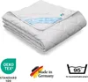 A folded white blanket is shown on a white background, with several certification logos and text overlays. Produktbild-Vorschau