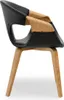 A side view of a modern dining chair with a black seat and backrest, and light wood accents on the armrests and legs. Voir les images du produit