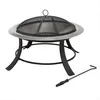 A black and silver fire pit with a mesh cover and a poker tool, isolated on a white background. Produktbild-Vorschau