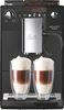 A black automatic coffee machine is shown with two glasses of latte macchiato being dispensed. Produktbild-Vorschau