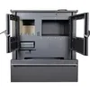 A front view of a black wood-burning stove with its doors open. Produktbild-Vorschau