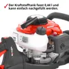 Close-up of a gasoline-powered hedge trimmer engine with text overlay. Produktbild-Vorschau