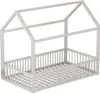 A white wooden house-shaped bed frame with a slatted base and a small door. Anteprima dell’immagine prodotto