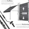 Diagrams and text illustrating the easy setup and versatile use of a retractable awning. Náhled obrázku produktu