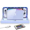 A Nintendo Switch console and dock are displayed in a clear acrylic case with LED lighting, along with a USB cable and a remote control. Produktbild-Vorschau