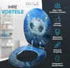 A toilet seat with a soccer ball and water splash design, presented with marketing text and icons. Náhled obrázku produktu