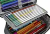 A close-up view of an open pencil case filled with pens, pencils, and markers. A chart with columns for names and colored sections is visible inside. Produktbild-Vorschau