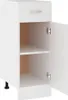 A white kitchen cabinet with one drawer and a door that is open, revealing two shelves. Voir les images du produit