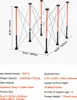A diagram of a portable folding assembly stand with dimensions and specifications. Voir les images du produit