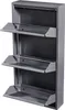 A tall, narrow, gray metal shoe cabinet with three tilted shelves. Náhled obrázku produktu