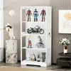 A white, four-tier display cabinet filled with various collectible figures and a model motorcycle. Náhled obrázku produktu