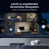 Diagram showing a Reolink security system setup within a house, connecting a doorbell, NVR, and camera. Produktbild-Vorschau
