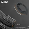 A close-up of a black flexible cable sleeve with text overlays indicating its dimensions and length. Produktbild-Vorschau