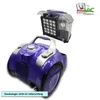 A purple vacuum cleaner with a detached dustbin and filter, and a logo in the top right corner. Produktbild-Vorschau