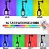 A collage of images showing a wall lamp in different colors, with text describing its features and a remote control. Produktbild-Vorschau