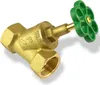 A brass valve with a green handle on a white background. Produktbild-Vorschau