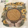 Hands holding a wooden bowl filled with yellow birdseed, with sunflowers in the background and a bird logo at the top. Produktbild-Vorschau
