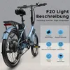 A light blue electric bicycle is shown with feature callouts. Produktbild-Vorschau