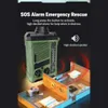 A green emergency radio is shown with text overlays describing its features, and a miniature depiction of a house interior. Produktbild-Vorschau