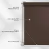 A close-up view of a dark brown roller blind, with labels pointing out its features. Produktbild-Vorschau