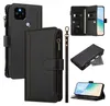 A collage of images showcasing a black leather wallet-style phone case for a Google Pixel 4A 5G, with various angles and features displayed. Produktbild-Vorschau