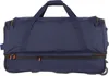 A navy blue travel duffel bag with orange accents and wheels. Produktbild-Vorschau