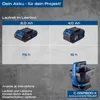 The image shows two battery packs and a hand spreader, with text detailing battery runtimes. Produktbild-Vorschau