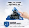 An image featuring coal pieces with text describing their filtering properties, with a hand touching the coal. Produktbild-Vorschau