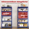 Two blue metal shelving units are shown, each with several shelves filled with various kitchen items and pantry goods. The shelves are adjustable, as indicated by highlighted sections on the left unit labeled "SCHMAL" (narrow) and on the right unit labeled Produktbild-Vorschau