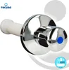 A close-up studio shot of a chrome toilet flush valve extension set with a blue button. Produktbild-Vorschau