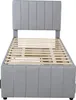 A bed frame with a slatted base and a padded headboard. Produktbild-Vorschau