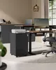 A modern office setup with an adjustable desk and a printer on a filing cabinet. Produktbild-Vorschau