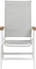A front view of a white outdoor chair with light gray fabric and wooden armrests. Produktbild-Vorschau