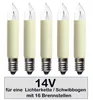 Five small candle-shaped light bulbs with screw bases, arranged in a row on a white background, with text below indicating voltage and application. Produktbild-Vorschau