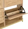 A close-up view of a wooden shoe cabinet with an open drawer and black metal hinges. Anteprima dell’immagine prodotto