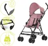A pink stroller with black frame and wheels, shown with inset diagrams highlighting features. Produktbild-Vorschau