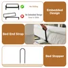 A collage of images showing different aspects of a bed accessory, including diagrams, a person using a strap, and a stopper. Voir les images du produit